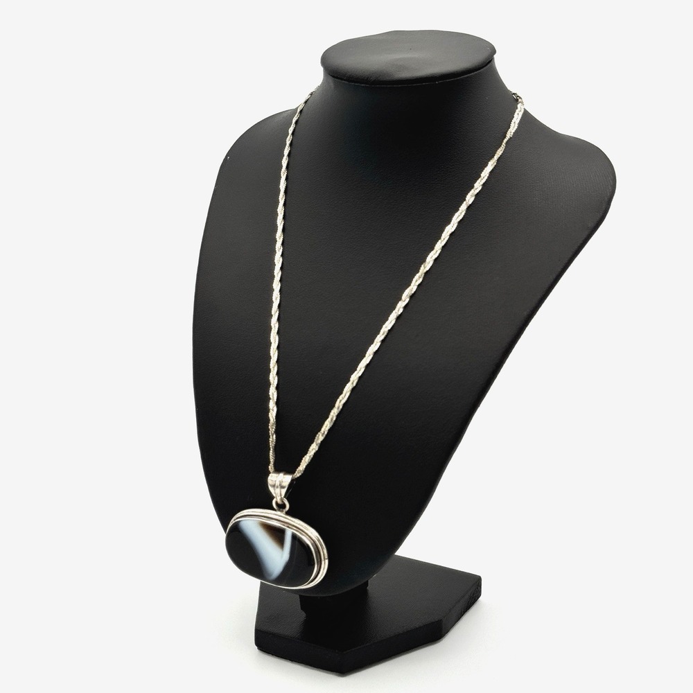 Vintage Sterling Silver Banded‎ Agate Pendant Necklace 925 Italy Chain Large